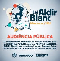 Convite para Audiência Pública sobre a Lei Audir Blanc em Macuco no dia 27/05/2024